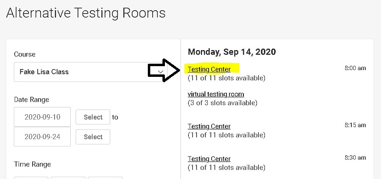 Screenshot of section with links to location and time information. There's an arrow pointing to the Testing Center link.