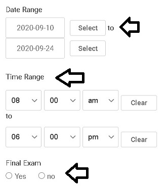 Screenshot of Date Range, Time Range and Final Exam sections.