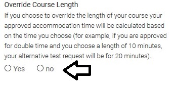 Override Course Length section with an arrow pointing to the Yes and No radio buttons.