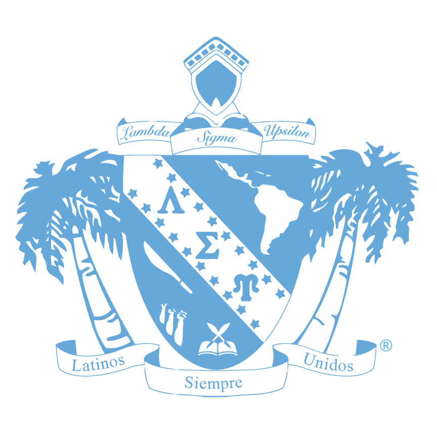 Two palm trees flanking a blue shield with the Greek letters Lambda, Sigma, and Upsilon