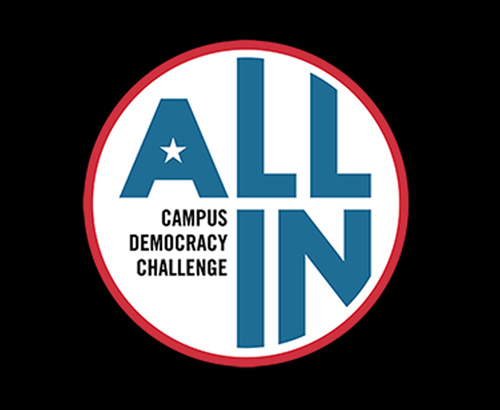 Logo saying All In Campus Democracy Challenge