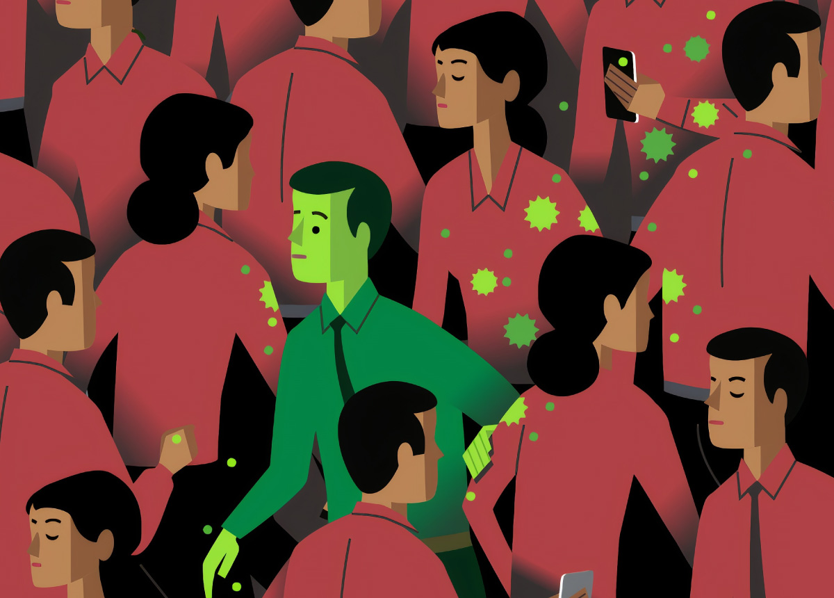 graphic of crowd of people and one person in green symbolizing a person with COVID-19