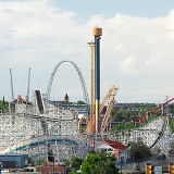 View of a theme park with rollercoasters.