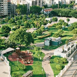 Arial view of a park and shared open spaces.