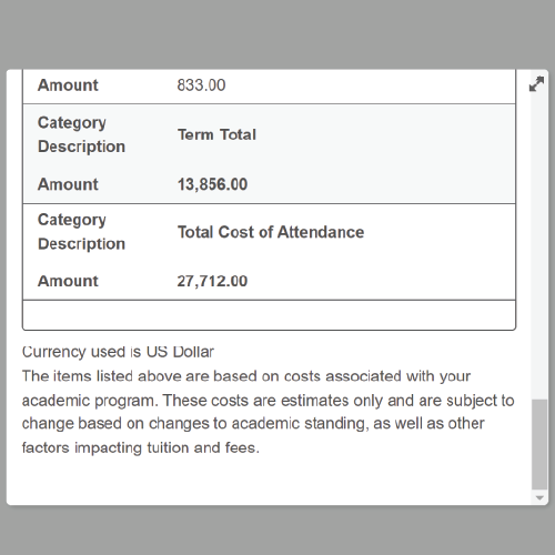 The total cost of attendance found within the financial aid section of UCDAccess
