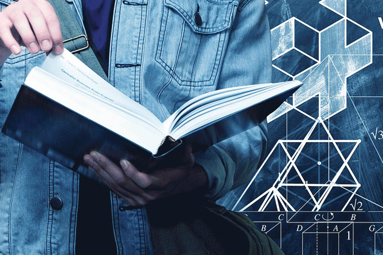 Image of a student flipping through a book. Mathematical equations are designed onto the image.