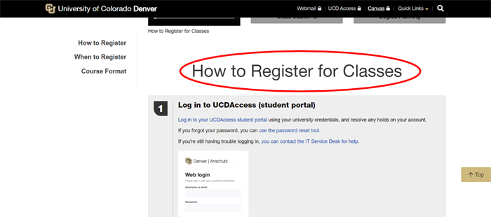 Screen capture highlighting the H2, or heading 2, as How to Register for Classes