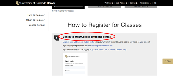Screen capture highlighting the H3, or heading 3, as Log in to UCDAccess