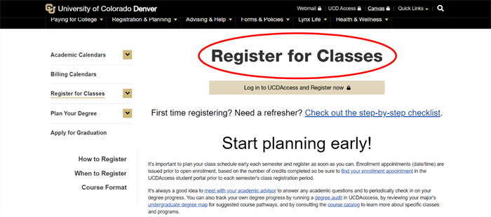 Screen capture highlighting the H1, or heading 1, as Register for Classes