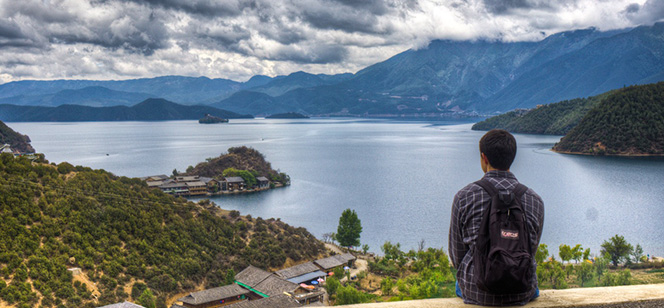 student Jacob Clark looking over the landscape in China