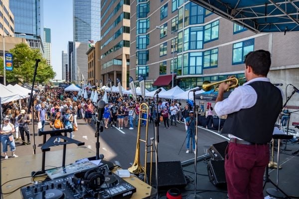 musicians on stage at CU Denver block party