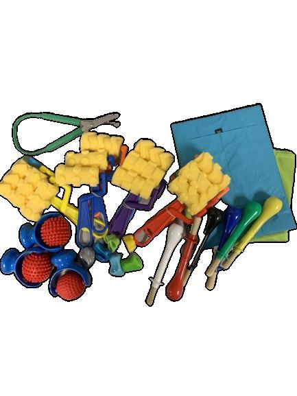kit containing differently-shaped art rollers, adapted scissors, and adapted paintbrushes