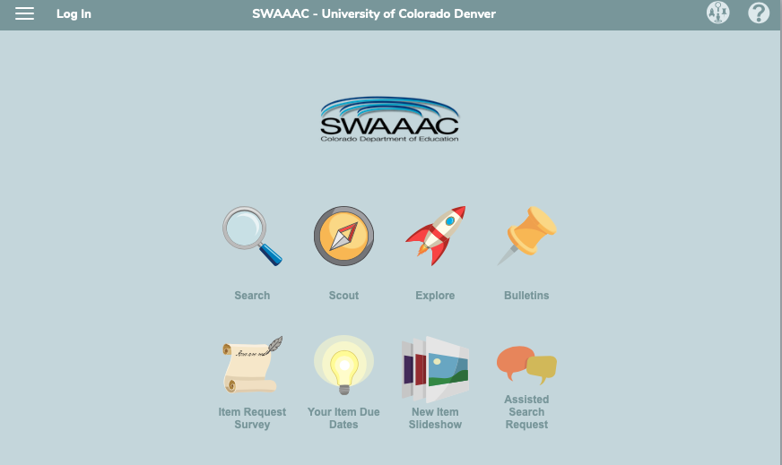 Alexandria library website home screen. Features different options for users, including search, scout, explore, bulletins, item request survey, your item due dates, new item slideshow, and assisted search request