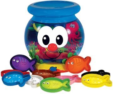 plastic fish bowl with a smiley face surrounded by small plastic fish that are also smiling