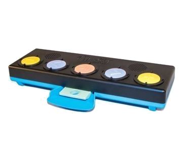 rectangular music player with five buttons spanning the top