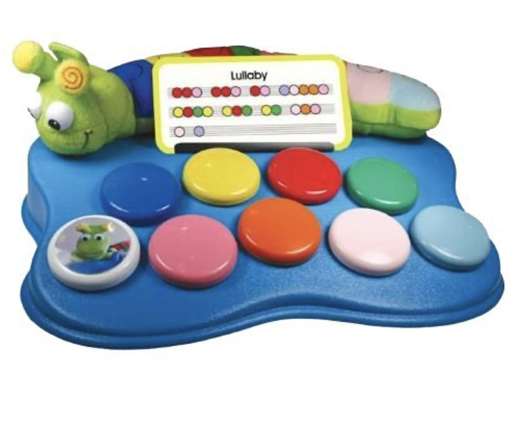 nine multicolored buttons on a switch adapted base with a music stand at the top and a stuff snail behind the stand
