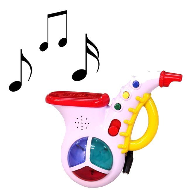 plastic saxophone with a large handle and various buttons, featuring a graphic of musical notes coming from its horn