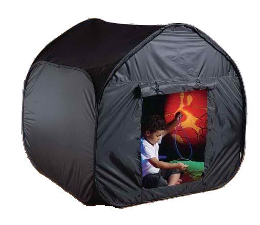 pop-up tent with an open door through which one can see a child playing