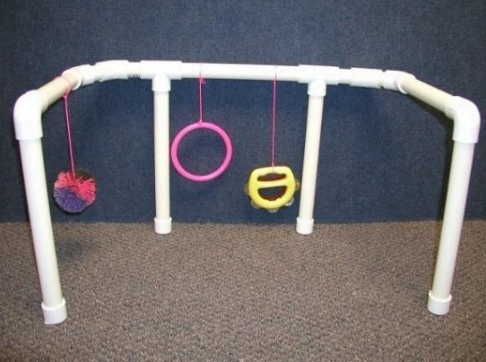 pvc tubes set up with some toys hanging from them