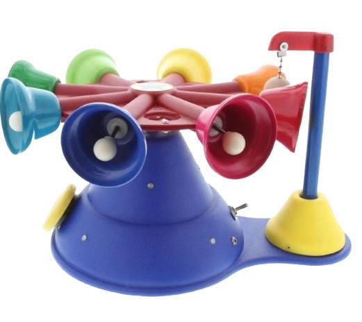 set of bells situated on a large base, along a horizontal wheel, with a hanging ball to ring them and a button for activation