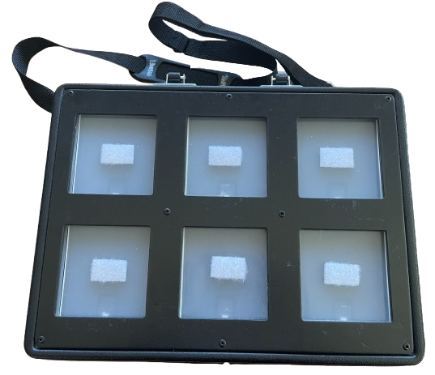large communicator with six panels and velcro strips on each panel. also includes a shoulder strap