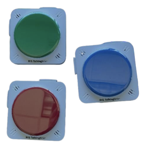 three talking brix--small, singular communication devices with one button each