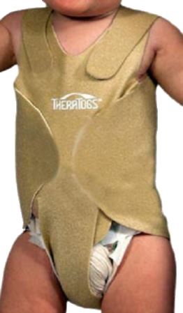 bust of a baby wearing a beige vest with the theratogs logo on the chest