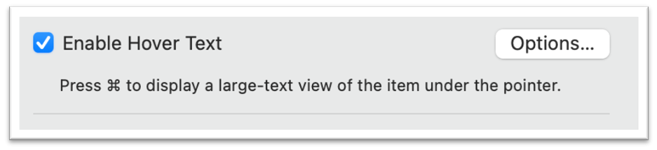enable hover text press command to enable large text view under the cursor