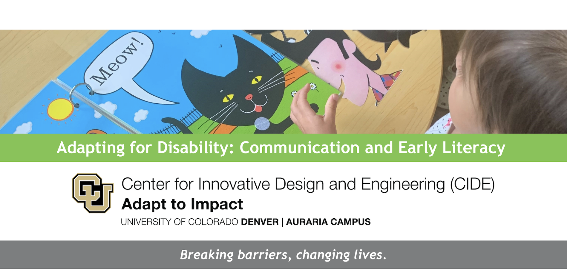 Features a photograph of a child reading a large book. Text reads: 