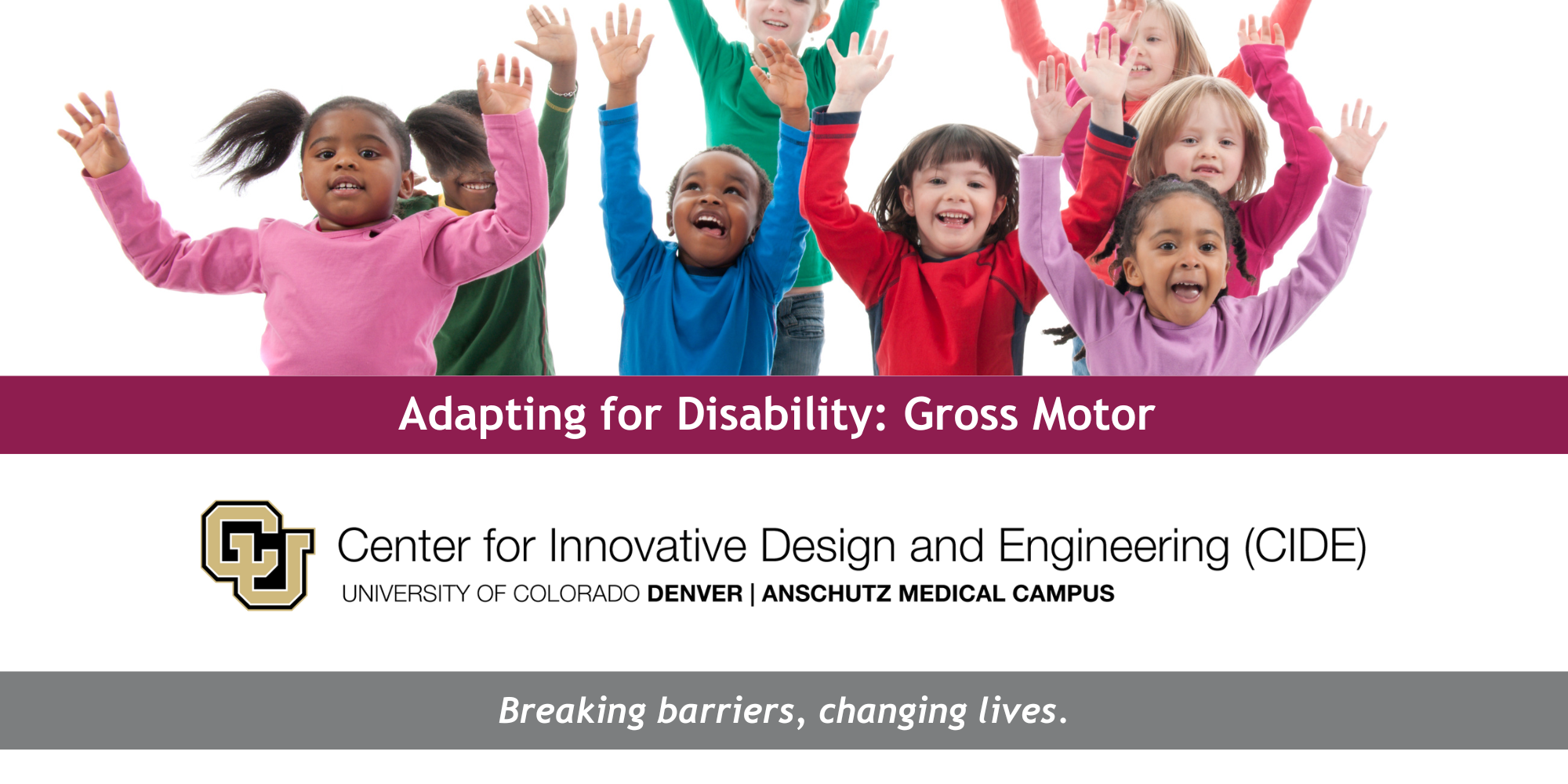 Features a photograph of a group of children jumping a smiling. Text reads: 