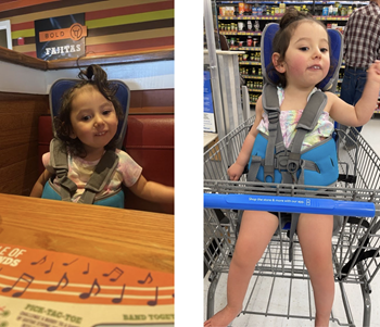 two photos of a young girl sitting in a postural seat at a restaurant and in a grocery cart