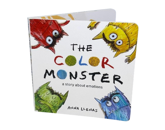 el libro de cartón The Color Monster (El monstruo de colores) con monstruos coloridos que tienen diferentes expresiones en sus caras en la portada del libro.