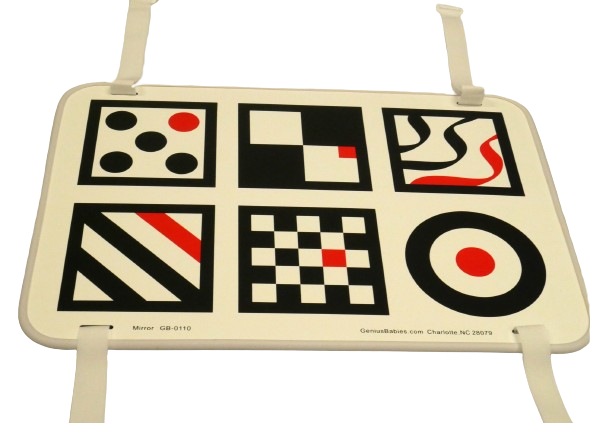 A board with multiple black, white, and red high contrast patterns