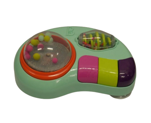 Whirley Pop lights and music station, a colorful station toy with multiple large colorful buttons and a wheel