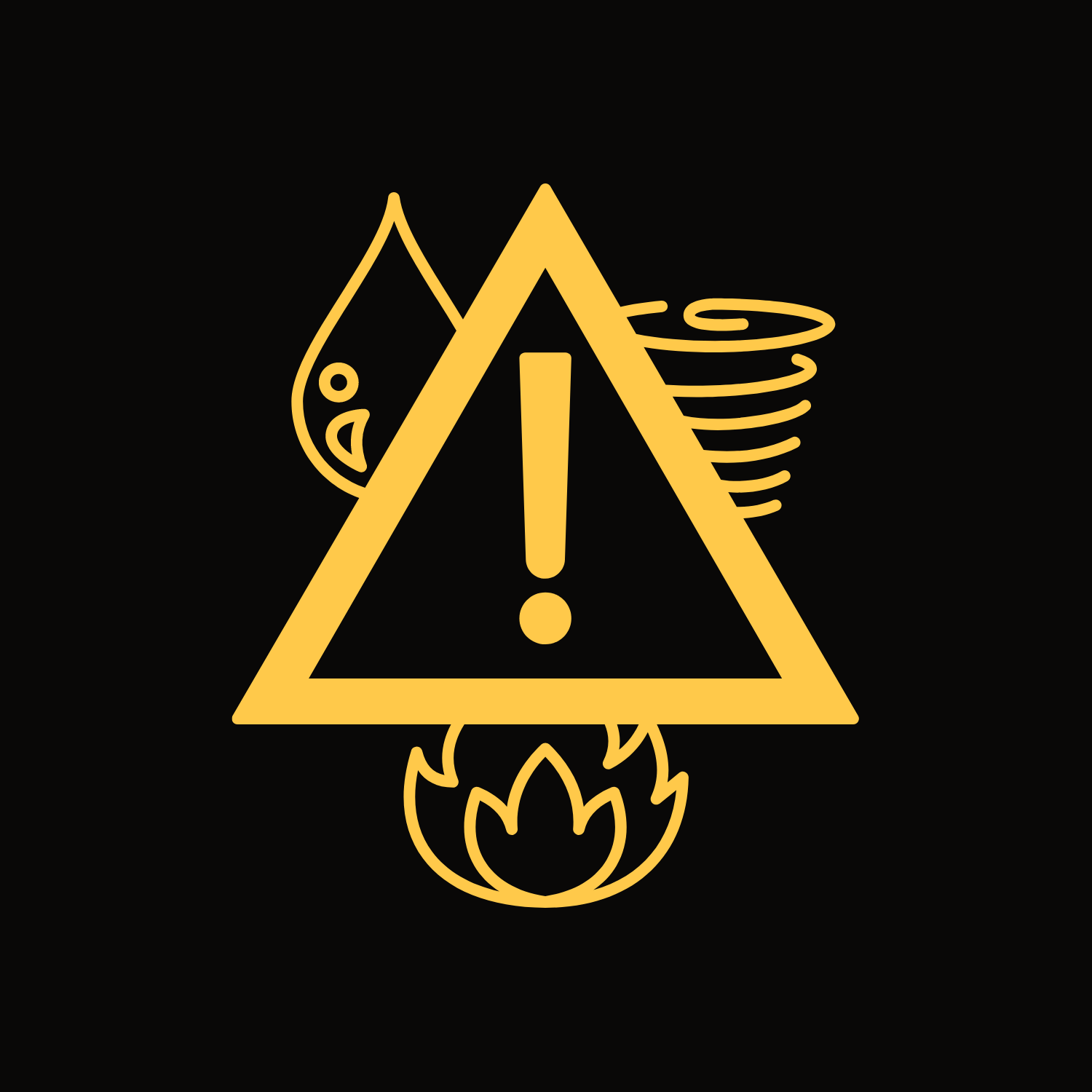 icon of the disaster symbol with symbols for Flood, Fire, and Tornado