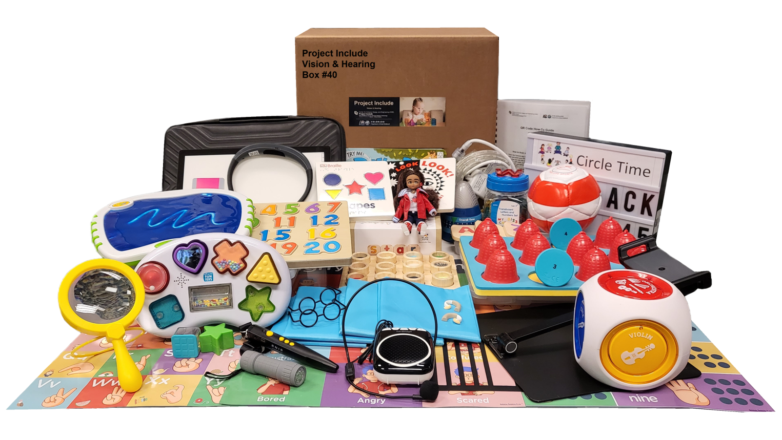 Vision and Hearing Kit unpacked with ~30 colorful tools and toys