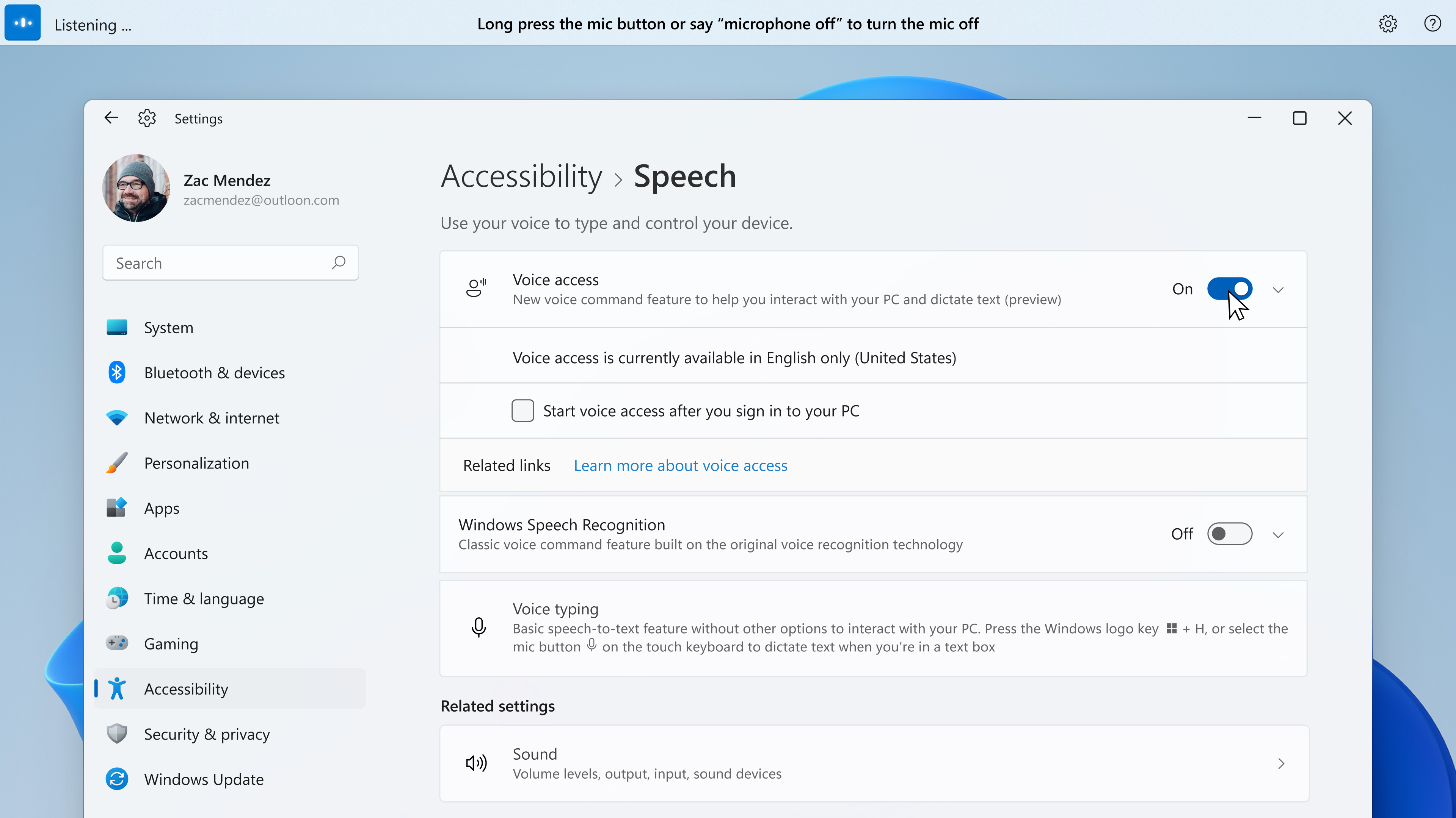 windows accessibility voice access toggle