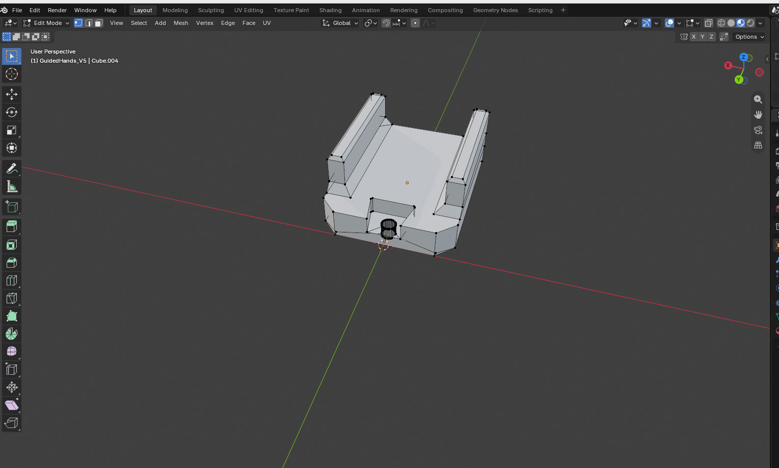 A 3D model of a small rectangular adapter with two raised side tabs, shown on a grid in Blender, a 3D modeling program.
