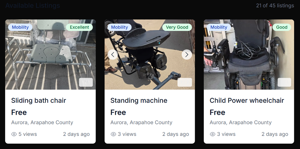 Webpage showing three mobility devices. All are free and in Aurora Colorado. The cards show how many views and the number of days the item has been available.