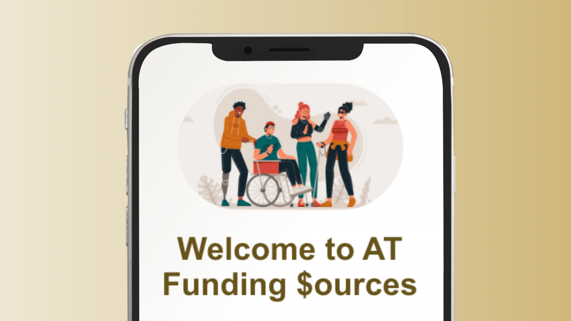 A smartphone with a website showing: Welcome to AT Funding Sources.