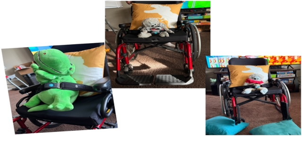 Three photos of a manual wheelchair with a red frame and black seat. In each, a stuffed animal is buckled into the seat, propped against a yellow and white pillow.