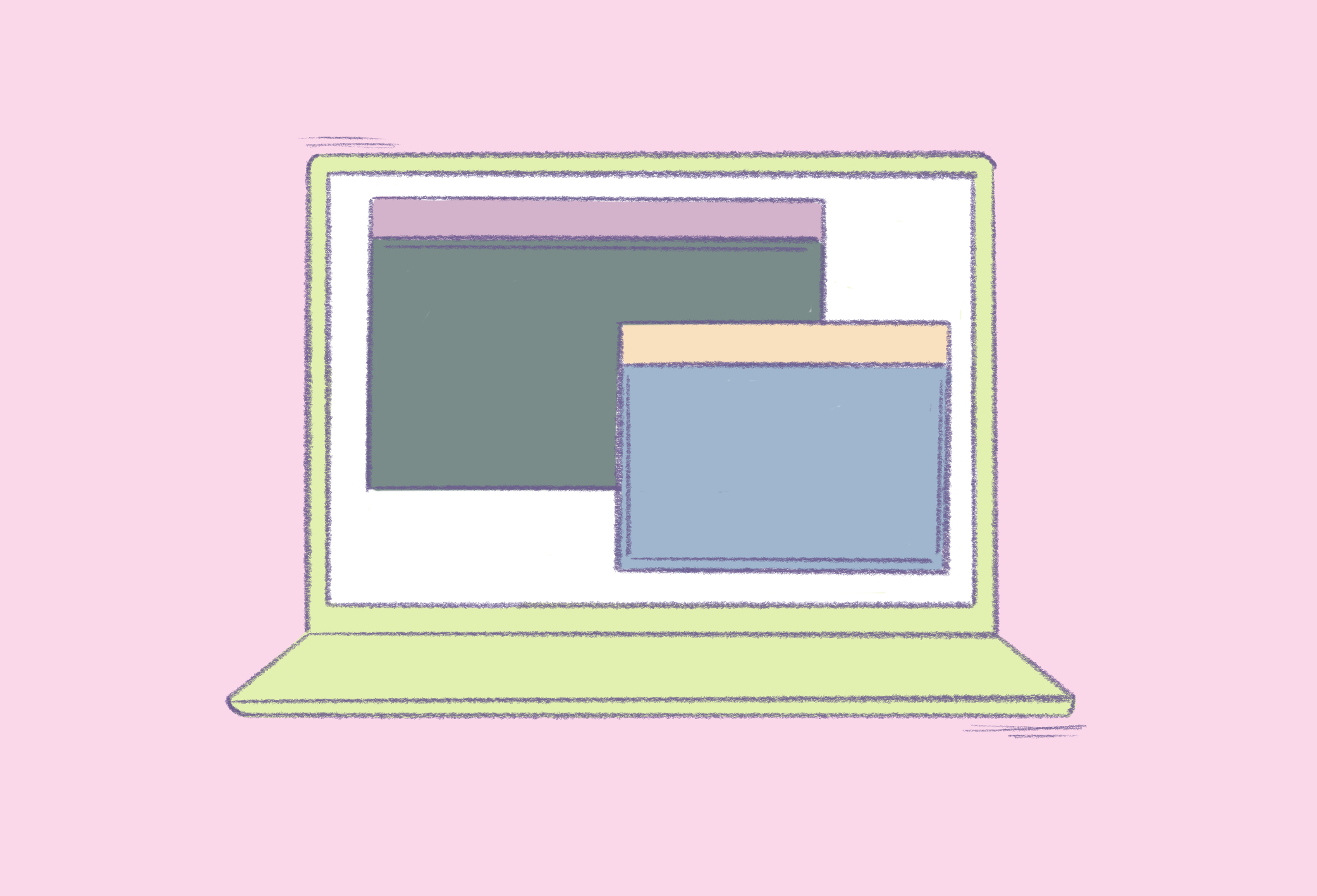 Illustration of  a laptop computer with several  windows open