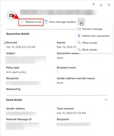 Screenshot of the email details and an arrow pointing to Release Email. 