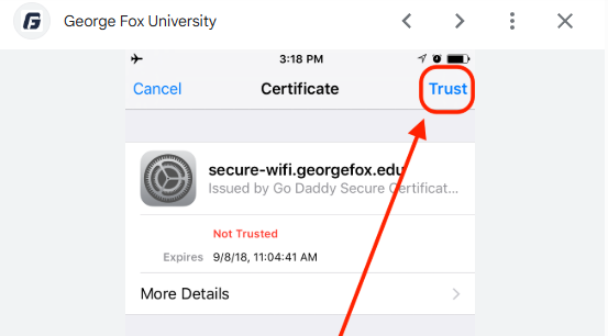 Screenshot of a sample Wi-Fi Certificate update with Trust circled in red. 