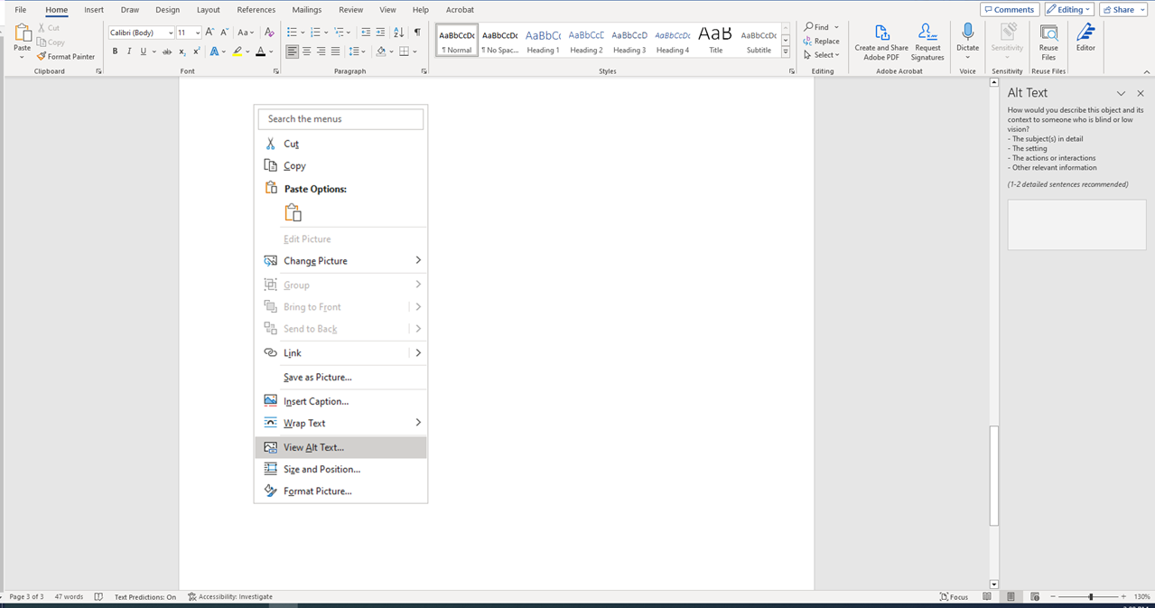 Screenshot of adding alternate text to an image in Word