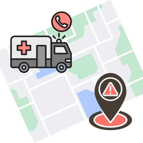 Graphic of an ambulance using a map to find the location of a 911 caller.
