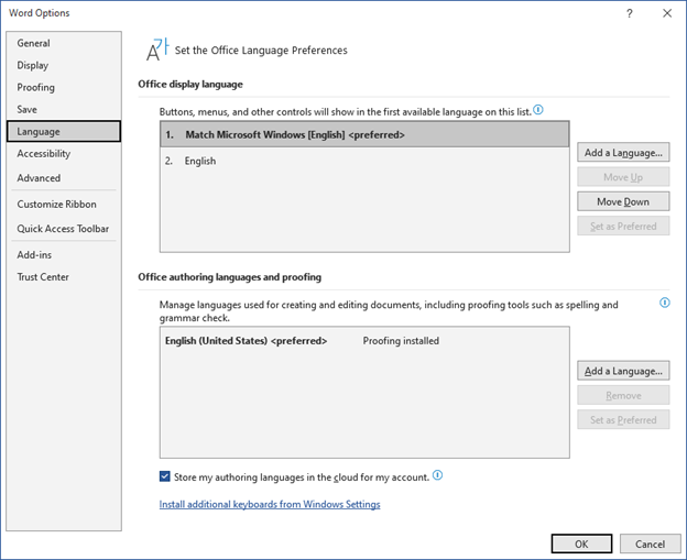Screenshot of adding or changing the language in a document
