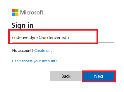 Screenshot of the email login screen with the Next button highlighted.
