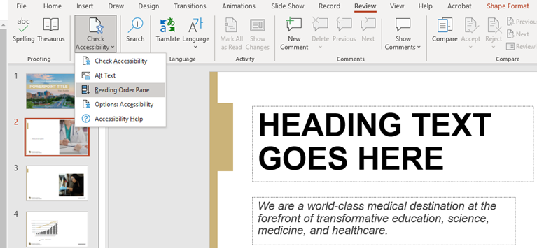 Screenshot of accessibility menu option reading order in PowerPoint
