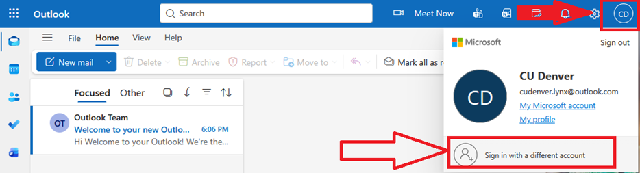 Screenshot of an inbox and the option to sign in with a different account highlighted. 